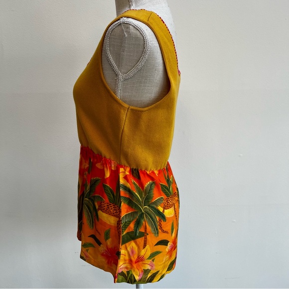 Farm Rio for Anthropologie Yellow Knit Peplum Top with Satin Tropical Bottom - Picture 4 of 9
